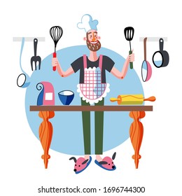 Vector character illustration of creative Hobby. Cute man cooking meals in kitchen. Smiling guy making lunch or dinner at home. Equipment, skill training, workshop. Talent, profession, leisure concept