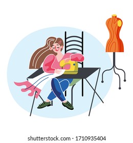 Vektorillustration Charaktergrafik von kreativem Hobby. Nähmaschine für Frauen. Designer-Zurichtung in Atelier.Talente, Qualifikationstraining, handgefertigt, Werkstatt, Beruf, Freizeitkonzept