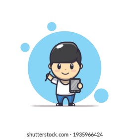 Vector Character Illustration Of Cute Boy With Pen Tablet