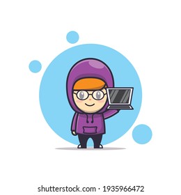Vector Character Illustration Of Cute Boy With Laptop