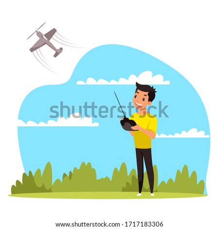 Vector character illustration of cute boy playing with radio control airplane. Smiling kid controlled flying RC aeroplane. Children activity game at city park. Happy childhood, hobby, pastime concept