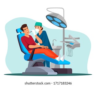 Vector character illustration of dentistry concept. Woman dentist doctor treats tooth. Patient lying in medical chair In stomatologist cabinet. Inspection diagnosis, medicine procedure, dental clinic