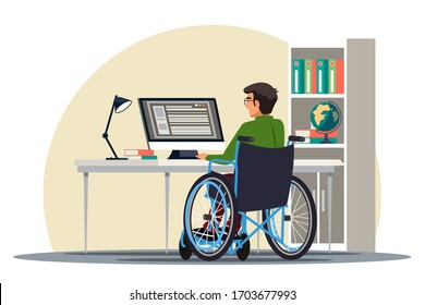 Vector character Illustration of disabilities people scene. Handicapped man in wheelchair working at computer in comfortable office. Accessible environment, urban infrastructure, equal rights concept