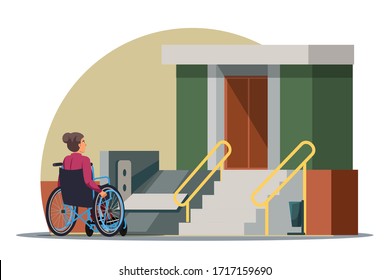 Vector character Illustration of disabilities people scene. Handicapped woman in wheelchair, access ramp in entrance of multi-storey house. Accessible environment, urban infrastructure concept 