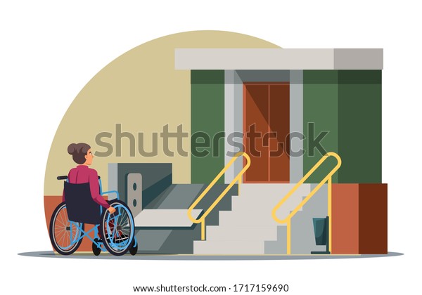 Vector character Illustration of disabilities people\
scene. Handicapped woman in wheelchair, access ramp in entrance of\
multi-storey house. Accessible environment, urban infrastructure\
concept 