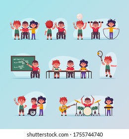 Vector character illustration disabled children scenes set. Boys in wheelchair, prosthetic arm. Kids go to school, play sports, music hobbies. Friendship, childhood, diversity, accessibility concept