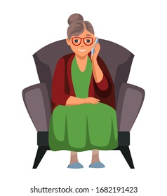 Vector character illustration of elderly woman sitting and talking on smartphone. Smiling grandmother using mobile phone. Family, mobile internet, social media, modern communication technology concept