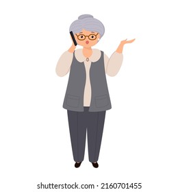 Vector character illustration of elderly woman talking on smartphone. Grandmother using mobile phone. Family, mobile internet, social media, modern communication technology concept.