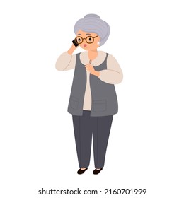 Vector character illustration of elderly woman talking on smartphone. Grandmother using mobile phone. Family, mobile internet, social media, modern communication technology concept.