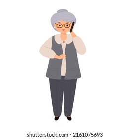 Vector character illustration of elderly woman talking on smartphone. Grandmother using mobile phone. Family, mobile internet, social media, modern communication technology concept.