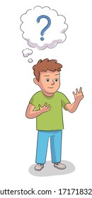 Vector character illustration elementary school education. Cute boy pupil stands and counts on fingers, solves problems to do sums. Smart schoolboy studies arithmetic, mathematics, calculation