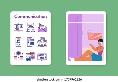 Vector character illustration of family stay at home. Dad and mom sitting on couch, working on laptop, reading book. Son plays with toy cubes. Daughter reads, does homework. Home interior living room