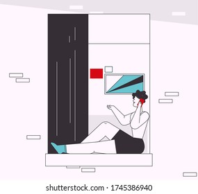 Vector character illustration of family stay at home. Dad and mom sitting on couch, working on laptop, reading book. Son plays with toy cubes. Daughter reads, does homework. Home interior living room