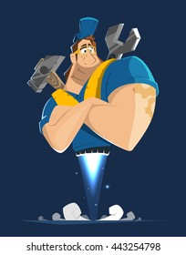 Vector character illustration of fly worker workman man handyman repairman working in car or home house repair service