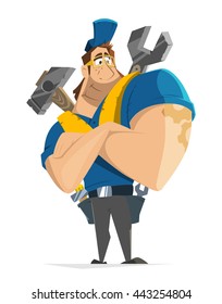Vector character illustration of fly worker workman man handyman repairman working in car or home house repair service