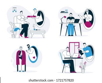 Vector character illustration of futuristic life scenes teleportation. Man receives pizza delivery. Boy studies with teacher remotely. Doctor checkup sick patient. Colleagues meet through teleport