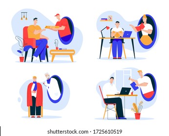 Vector character illustration of futuristic life scenes teleportation. Man receives pizza delivery. Boy studies with teacher remotely. Doctor checkup sick patient. Colleagues meet through teleport