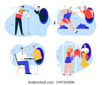Vector character illustration of futuristic scenes teleportation, metaphor of online services. Musician play music, conductor. Coach trains runner. Buyer pays online. Stylist choose clothes for woman