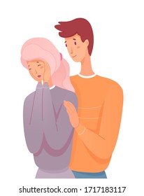 Vector character illustration happy couple together. Woman holds joyful face palms of hands, man hugs her shoulders. Romantic tender moment in relationship. Feelings in family, expression of emotions