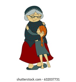 Vector character illustration. Happy grandmother hugging her little granddaugher.