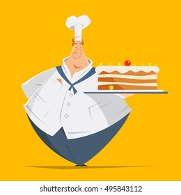 Vector character illustration of happy smile fat man confectioner baker holding tray with big cake