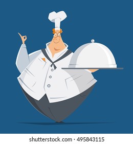 Vector character illustration of happy smile fat man cook chef holding metal cloche lid cover and tray