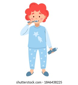 ilustración de carácter vector aislada en fondo blanco. Chico de pelo rojo cepillando dientes con cepillo de dientes, pasta de dientes. Rutina matutina diaria, niño alegre en pijamas, higiene dental oral, cuidado bucal