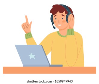 vector character illustration isolated on white background. man in headphones talking during video call on laptop, online meeting, conference call, remote working, online course, distance education