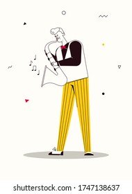 Vector character illustration of jazz band perform music. Musician play instrument. Hobbies, study, and profession, art, stage artist, concert