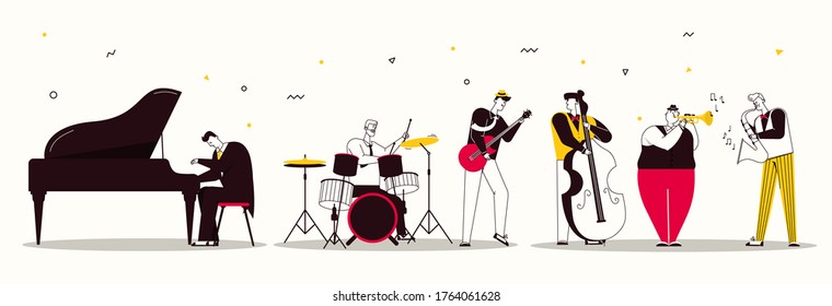 Vector Character Illustration Of Jazz Band Perform Music. Musicians Play Instruments: Piano, Drums, Guitar, Double Bass, Trumpet And Saxophone. Hobbies And Profession, Art, Stage Artists, Concert