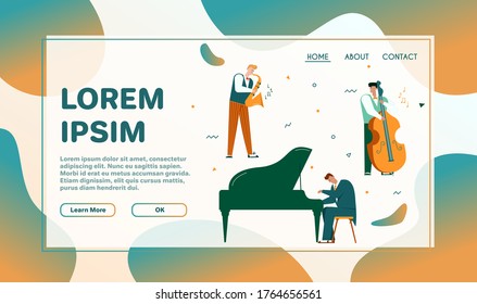 Vector character illustration of jazz band perform music. Musicians play instruments: piano, drums, guitar, double bass, trumpet and saxophone. Hobbies and profession, art, stage artists, concert