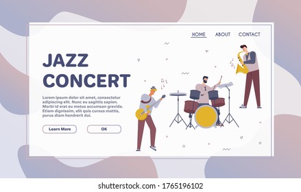 Vector character illustration of jazz band perform music. Musicians play instruments: piano, drums, guitar, double bass, trumpet and saxophone. Hobbies and profession, art, stage artists, concert