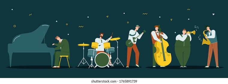 Vector character illustration of jazz band perform music. Musicians play instruments: piano, drums, guitar, double bass, trumpet and saxophone. Hobbies and profession, art, stage artists, concert