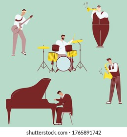 Vector character illustration of jazz band perform music. Musicians play instruments: piano, drums, guitar, double bass, trumpet and saxophone. Hobbies and profession, art, stage artists, concert