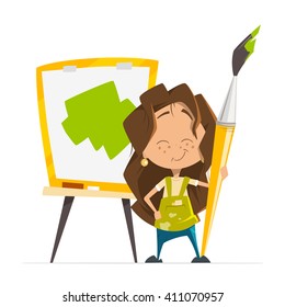 Vector character illustration of little cute girl painting a picture holding big paint art brush standing near easel with paper