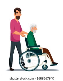 Vector character Illustration of man carries disabled person in wheelchair. Son cares of elderly father. Volunteer or doctor walking invalid patient. Healthcare, medical support, accessibility concept