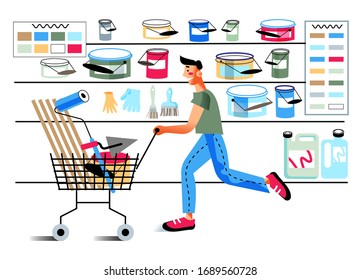 Vector character illustration of man push cart and shopping in hardware store. Showcase of store with assortment of paints and construction tools. Household purchases, repair, construction concept