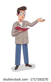 Vector character illustration of man reads book aloud isolated person. Teacher at literature lesson. Poet or writer recites poems, chapter of novel. Library, self-education, school, learning concept