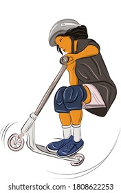 Vector character illustration of man rides an kick scooter isolated person. Young guy at rented or personal vehicle. Sport hobby, urban mobility, street activity, family leisure concept
