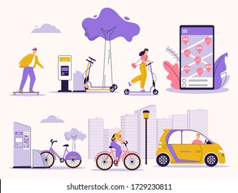 Vector character illustration of man, woman using rental service: skateboard, kick scooter, bicycle, electric car. Search, rent vehicle mobile app. Urban infrastructure, lifestyle, green eco transport