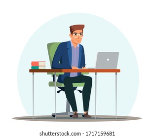 Vector character illustration of man working at office. Employee manager or businessman sitting at desk, looking at laptop, writing notes, doing tasks. Effective time management, workplace, workflow
