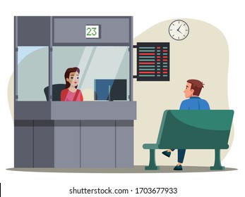 Vector character illustration of people on auto station. Woman cashier buying ticket in bus ticket counter. Man sitting at bench, waiting for public transport. Citizen, urban infrastructure concept