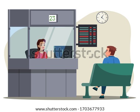 Vector character illustration of people on auto station. Woman cashier buying ticket in bus ticket counter. Man sitting at bench, waiting for public transport. Citizen, urban infrastructure concept