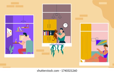 Vector character illustration of people in windows. Man, woman stay at home, do activities: remote work, sports training, yoga, pet care, talking on phone, rest sleep. Daily routine at self isolation