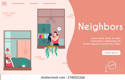 Vector character illustration of people in windows. Man, woman stay at home, do activities: remote work, sports training, yoga, pet care, talking on phone, rest sleep. Daily routine at self isolation