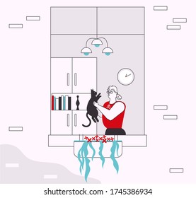 Vector character illustration of people in windows. Man, woman stay at home, do activities: remote work, sports training, yoga, pet care, talking on phone, rest sleep. Daily routine at self isolation