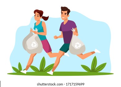 Vector character illustration of plogging concept. Eco friendly woman, man jogging, holding trash bags. Couple pick up waste for recycling. Ecological protection, volunteer activism, health care