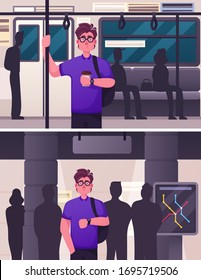 Vector character illustration of public underground city transport scene set. Man passenger rides in subway, waiting for arrival train at station. Urban traffic infrastructure, citizen transportation