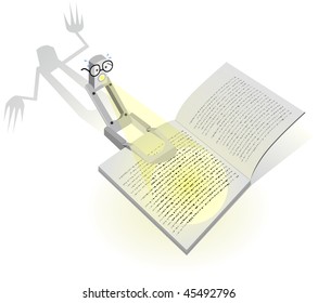 Vector character illustration of a reading lamp reading a scary book. All vector objects and details are isolated and grouped.