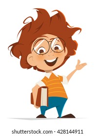 Vector character illustration of School kid with book and glasses pointing hand